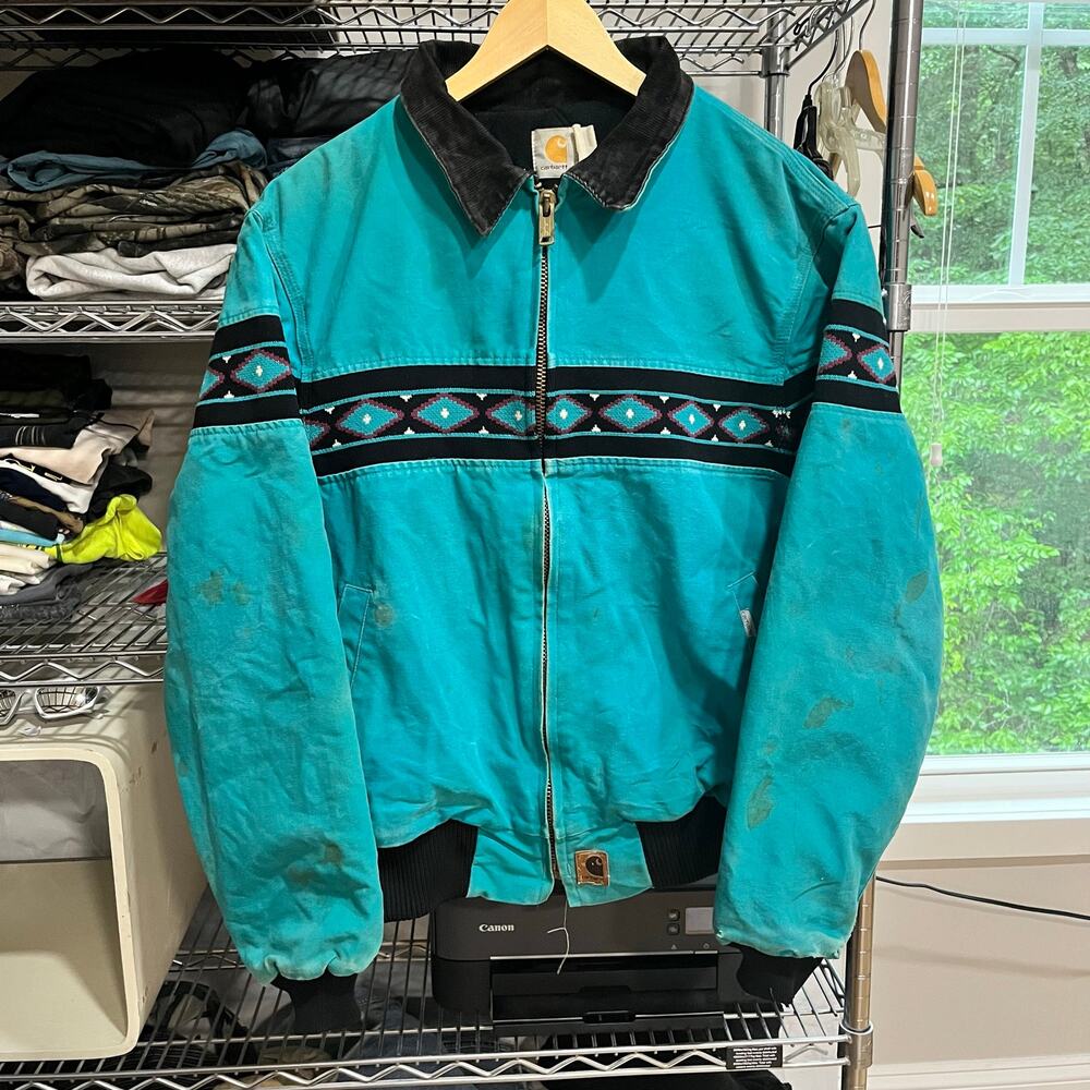 Carhartt JQ041 Aztec Aqua Sante Fe Duck Canvas Zip Jacket Union Usa Quilt Lined